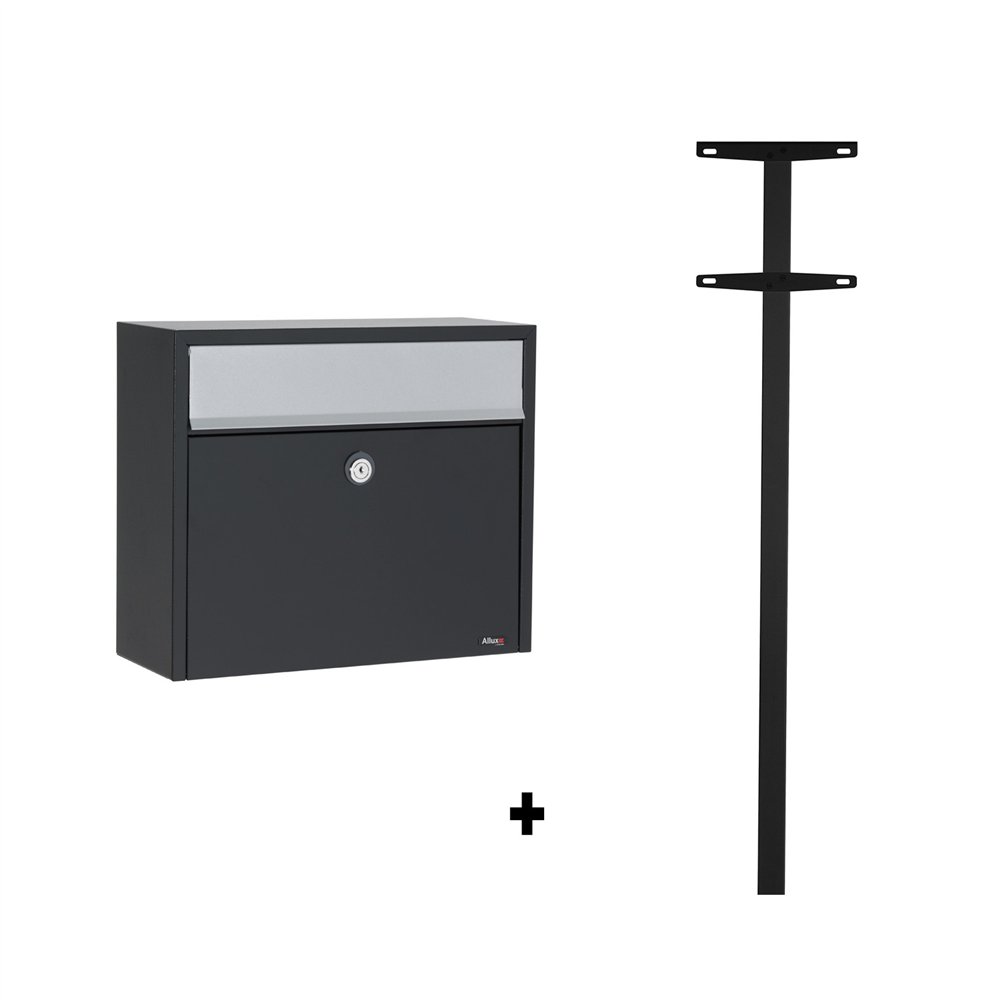 Allux LT150 brievenbus met paal 1003 staal - zwart met grijze klep