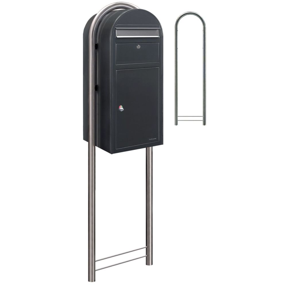 Bobi Cargo pakketbrievenbus en Round statief staal/RVS - donkergrijs/RVS klep